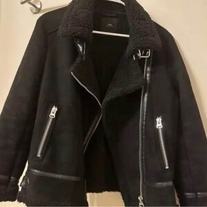 Zara Black Leather Jacket with Shearling Lining